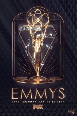 Emmys 2025 poster featuring a golden statuette against a dark geometric background, promoting the awards ceremony airing live on FOX.