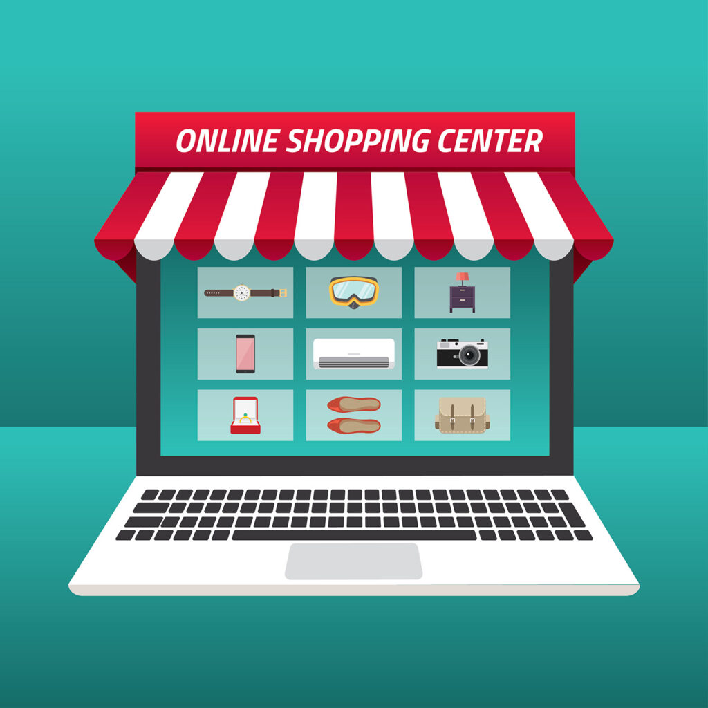 Online shopping center illustration featuring a laptop display with various products, including a watch, goggles, smartphone, air conditioner, camera, and accessories, reflecting the modern digital shopping experience.