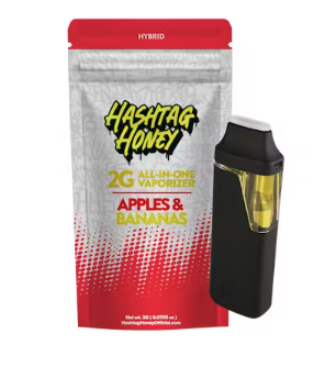 Hashtag Honey Apples & Bananas 2g all-in-one vaporizer with black device and vibrant packaging, highlighting hybrid cannabis product for social and relaxing experiences.