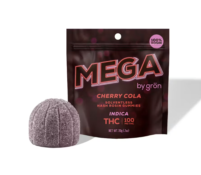 Cherry Cola cannabis gummy from Mega by grön, featuring a 100 mg THC label, placed beside a dark packaging highlighting solventless hash rosin, perfect for Halloween-themed cannabis experiences.