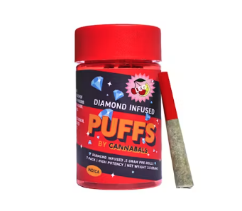 Diamond-infused cannabis prerolls in vibrant red packaging labeled "PUFFS by Cannaballs," showcasing a single preroll alongside the jar, emphasizing Quality Control's flavorful cannabis edibles.