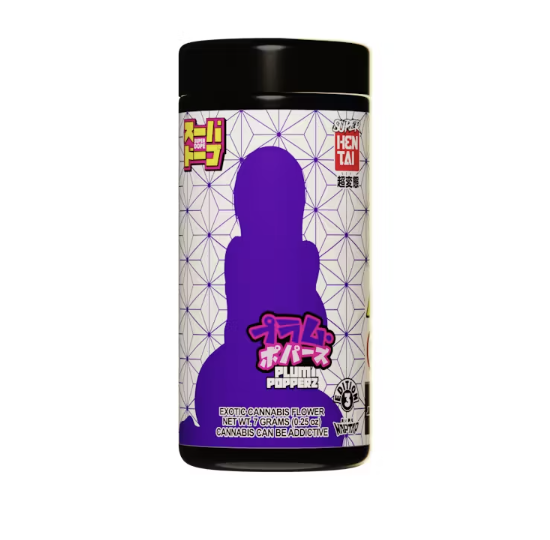 Exotic cannabis flower container labeled "Plum Poppez" from Quality Control Dispensary, featuring vibrant purple design and branding elements.