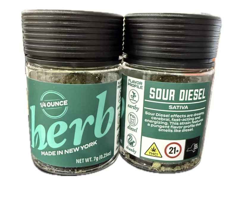 Sour Diesel cannabis strain jars showcasing flavor profile and packaging, highlighting earthy and diesel notes, relevant to Quality Control Dispensary's Halloween product offerings.