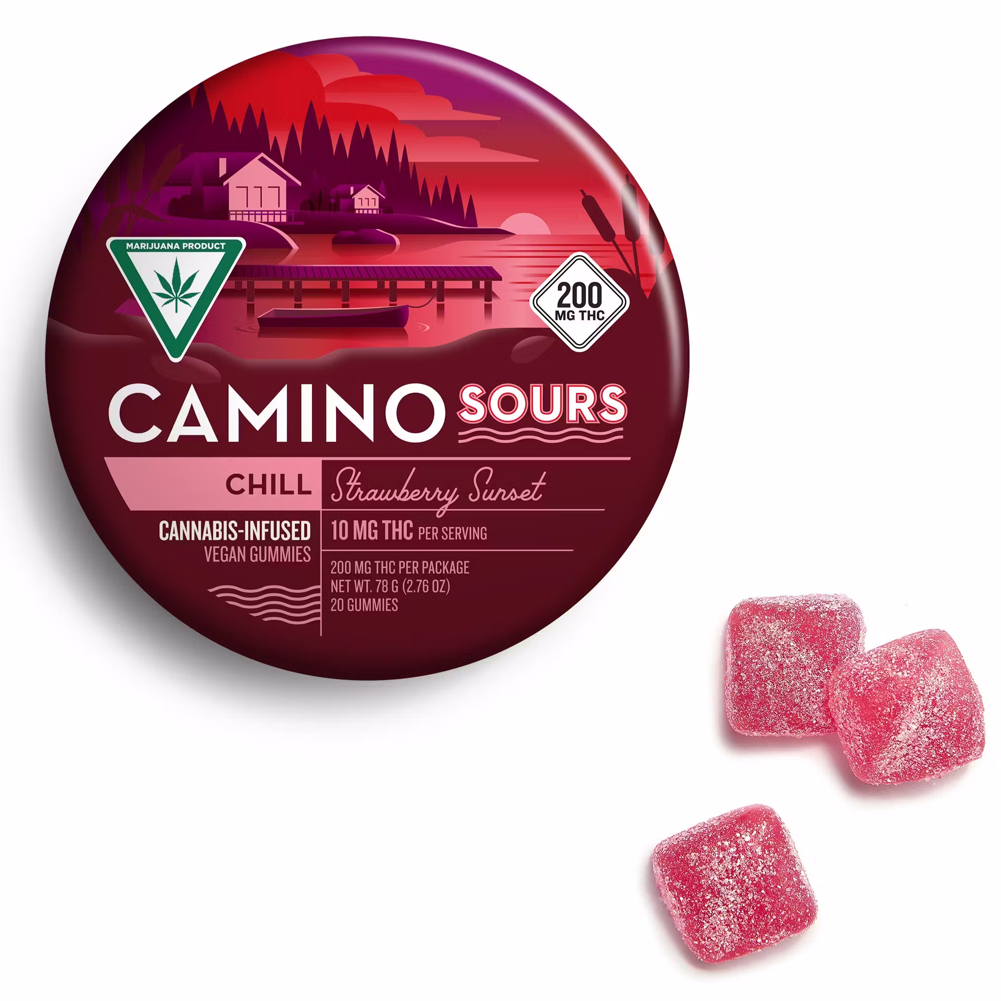 Camino Sours Chill cannabis-infused vegan gummies packaging featuring Strawberry Sunset flavor, with three pink gummies displayed beside the round container, highlighting the product's THC content and vibrant design.