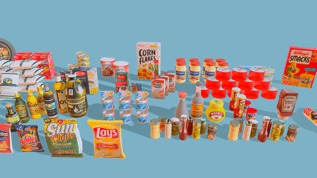 Assorted grocery items including snacks, sauces, cereals, and canned goods on a blue background, reflecting a variety of flavors and culinary options available for enhancing cannabis experiences at Quality Control Dispensary.