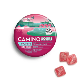 Camino Sours watermelon gummies in vibrant packaging, labeled "uplifting," featuring tropical imagery, alongside three gummies, emphasizing cannabis edibles available at Quality Control Dispensary.