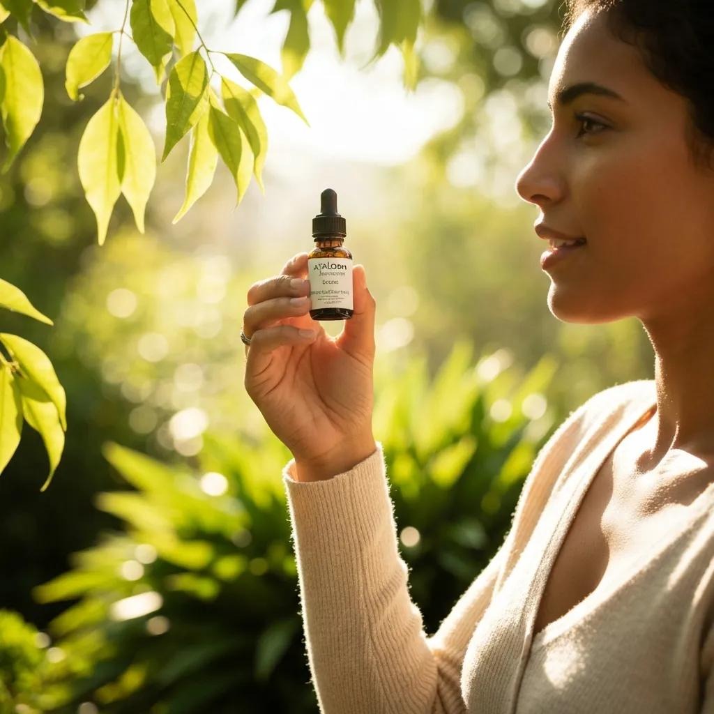 Woman holding Ayrloom High Dose Drops tincture in a natural setting with greenery, emphasizing fast-acting, high-potency cannabis product for precise dosing.
