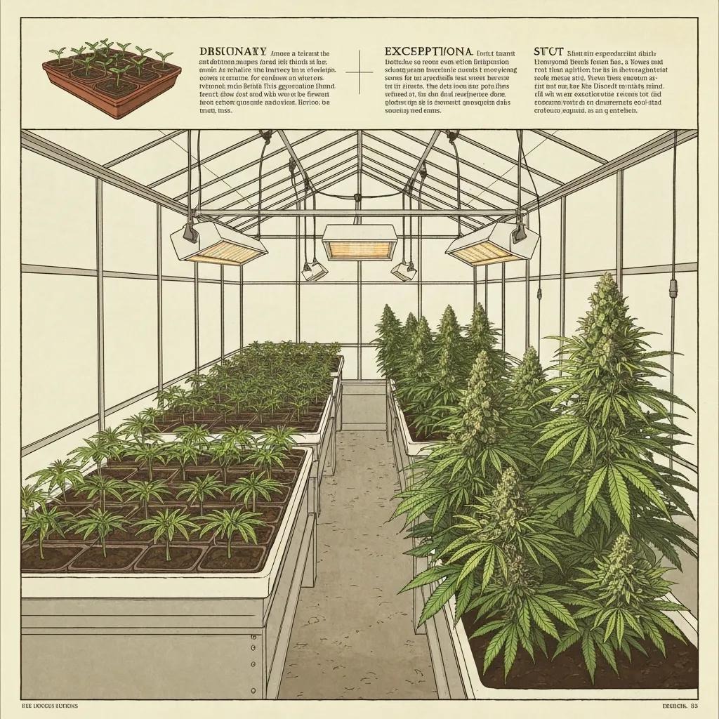 Greenhouse interior with cannabis plants in various growth stages, featuring young seedlings and mature flowering plants under artificial lighting, illustrating cultivation methods relevant to high-potency cannabis tinctures.