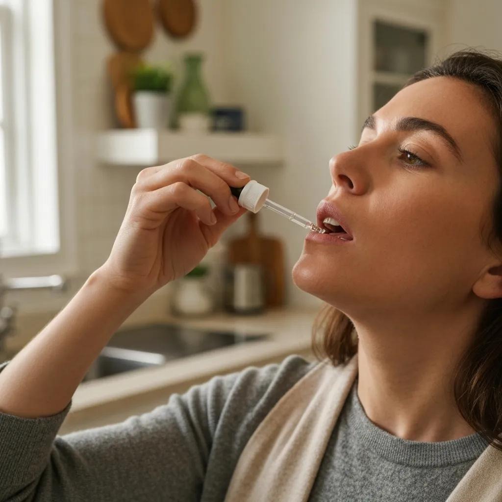 Woman administering Ayrloom High Dose Drops sublingually, showcasing proper dosing technique in a kitchen setting.